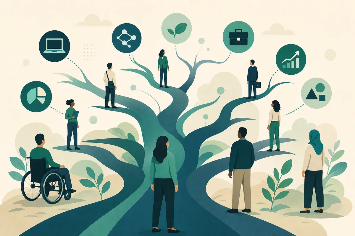 Illustration: many career paths including tech and non-tech roles