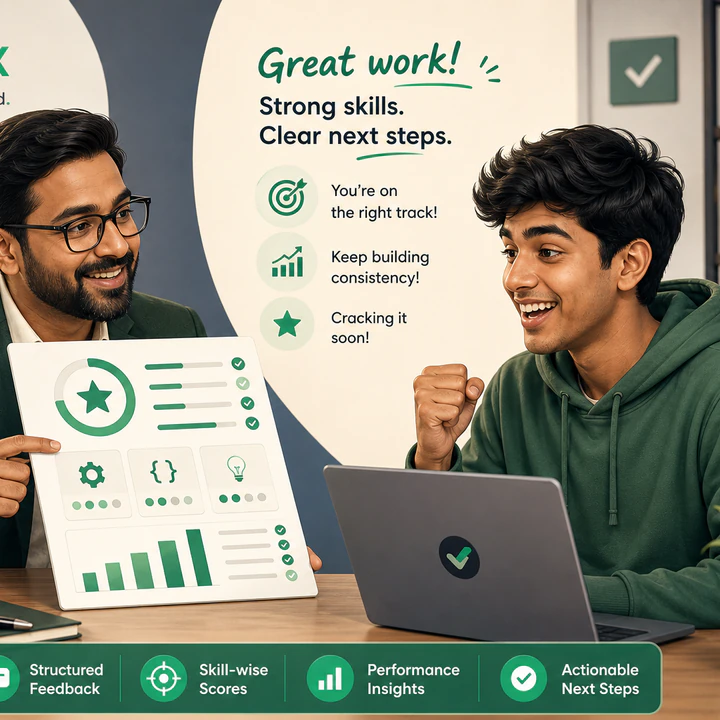 After mock interviews for tech jobs: mentor sharing structured feedback and scores on MockitX