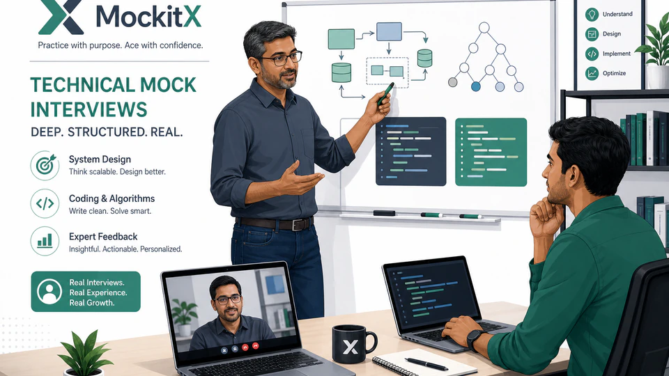Technical mock interview for tech jobs: human mentor at whiteboard with candidate on MockitX