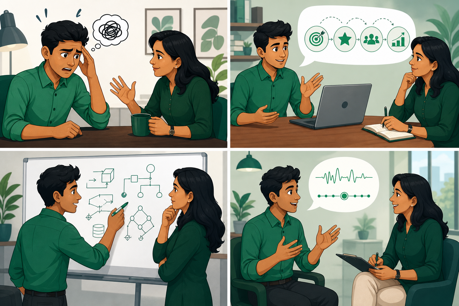 MockitX coaching moments — pressure handling, behavioral stories, technical depth, and communication